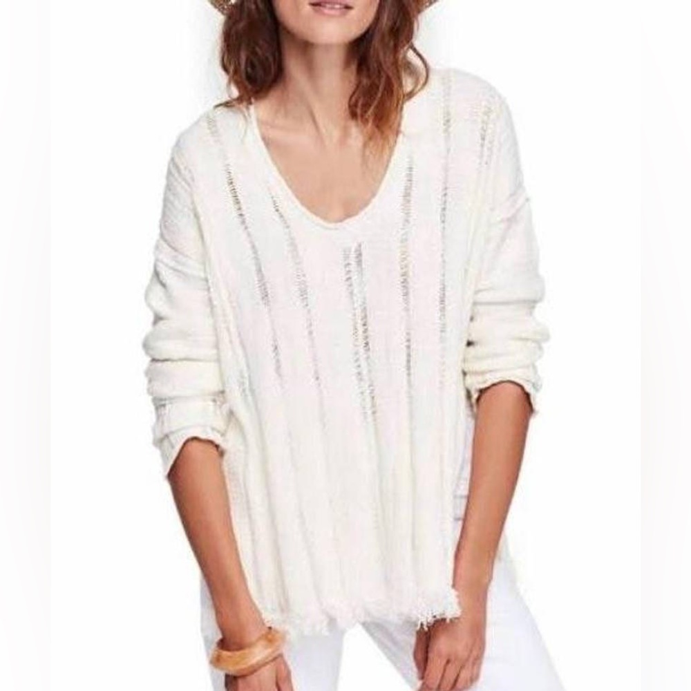 Free People Ocean Drive Ivory Distressed Pullover Sweater S